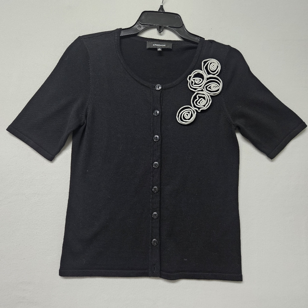 Jones Wear Short Sleeve Button Cardigan with Dimensional Flowers Black